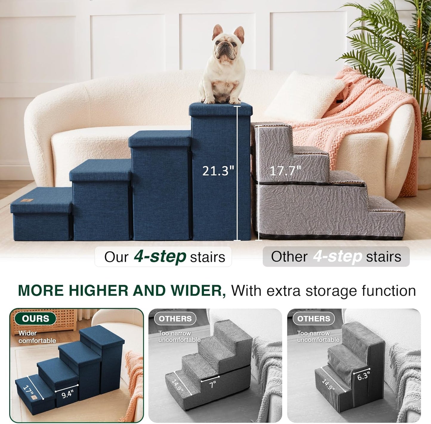 Love's cabin Dog Stairs with Storage 13" H, Foldable Pet Stairs for Small Medium or Large Dogs, Cat Puppy Steps Ramp with Zip up to 150 lbs, Solid Grey, 2 Steps