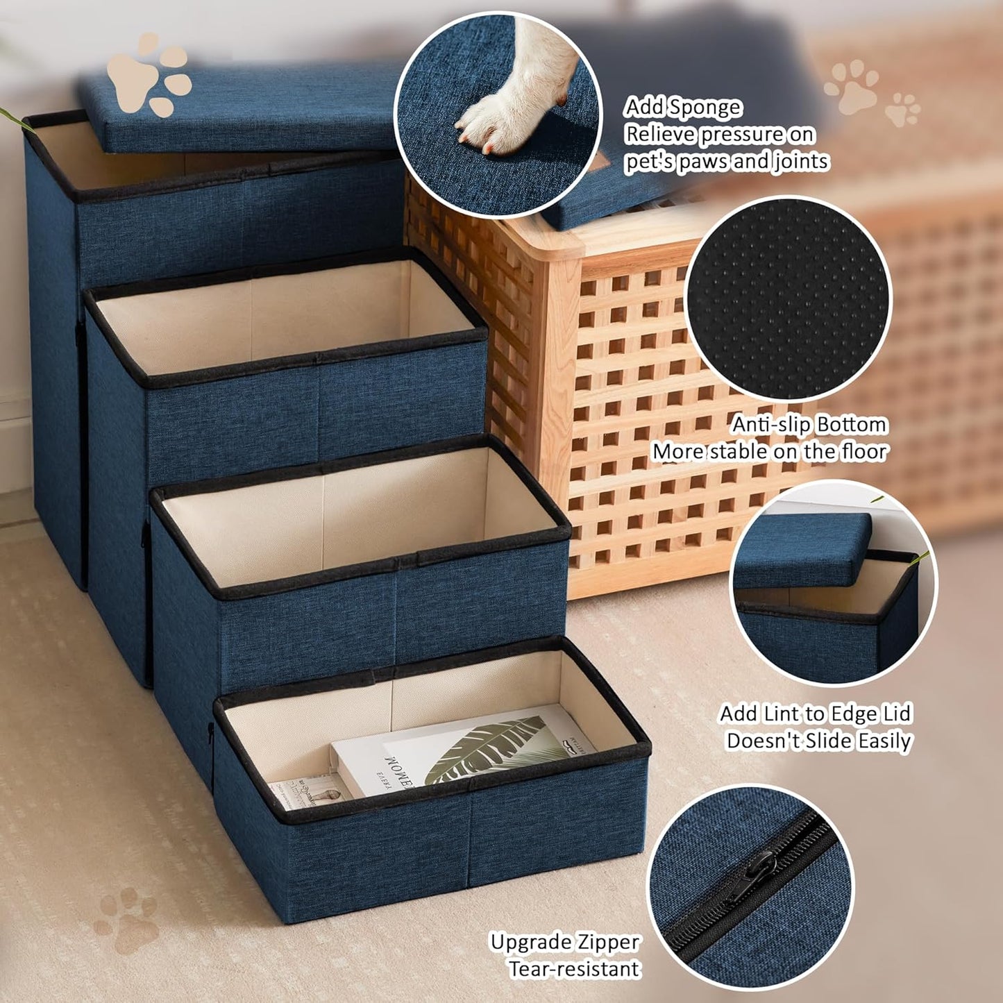 Love's cabin Dog Stairs with Storage 13" H, Foldable Pet Stairs for Small Medium or Large Dogs, Cat Puppy Steps Ramp with Zip up to 150 lbs, Solid Grey, 2 Steps