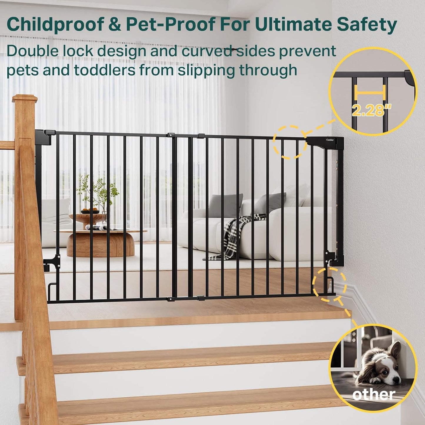 Cumbor 29.2–43" Baby Gate for Stairs, Hardware Mounted (Drill Required), Expandable No Bottom Bar Dog Gate, Auto Close Extra Wide Walk Thru, Pet & Toddler Proof Gate, Top & Bottom of Stairways(Black)