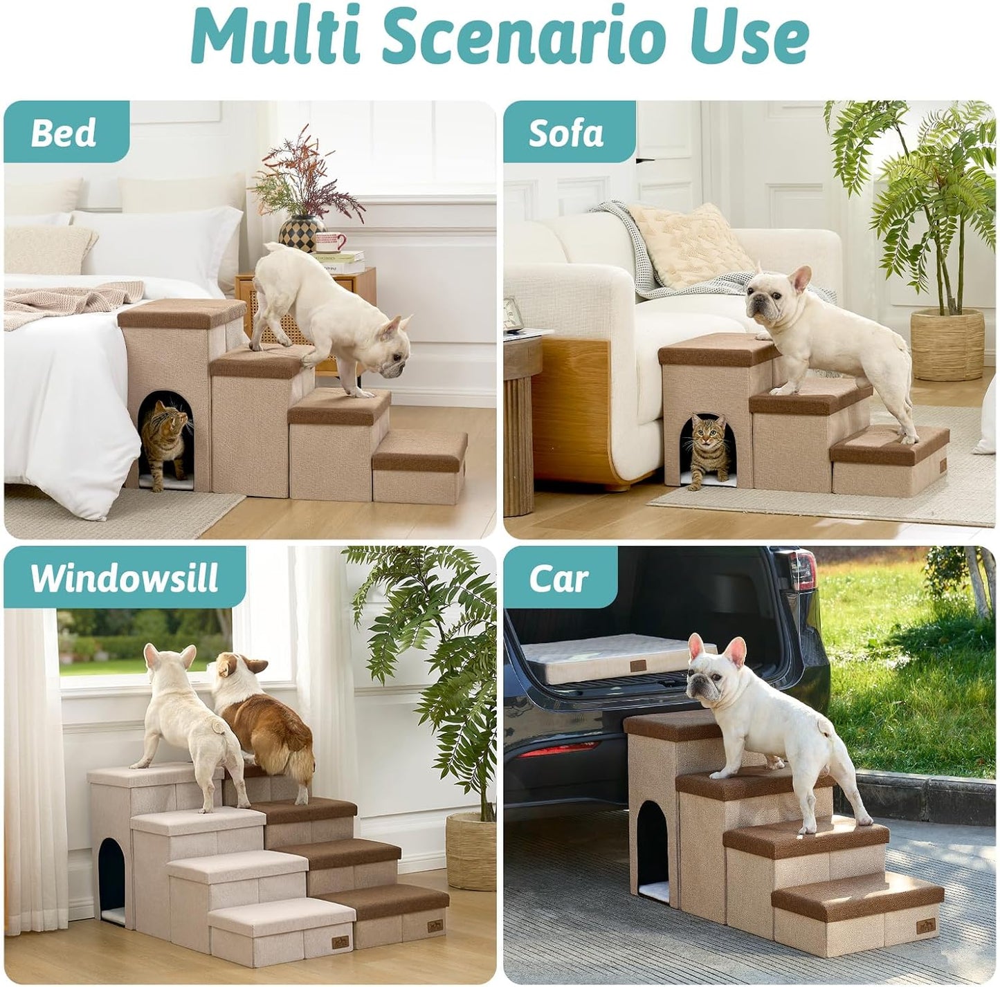 Dog Stairs with Storage, 4-Step Wider Sturdy Dog Steps for Small/Medium/Large Dogs and Older Cats, Folding Doggie Ramp for Bed/Couch/Car Hold Up to 180 lbs (22" H, Brown)