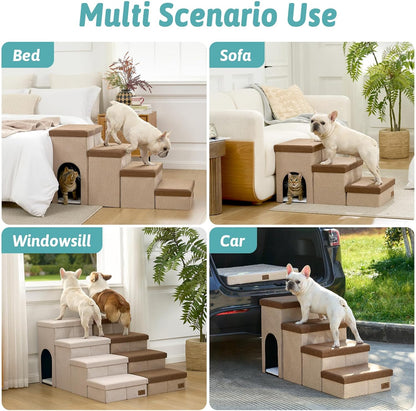 Dog Stairs with Storage, 4-Step Wider Sturdy Dog Steps for Small/Medium/Large Dogs and Older Cats, Folding Doggie Ramp for Bed/Couch/Car Hold Up to 180 lbs (22" H, Brown)