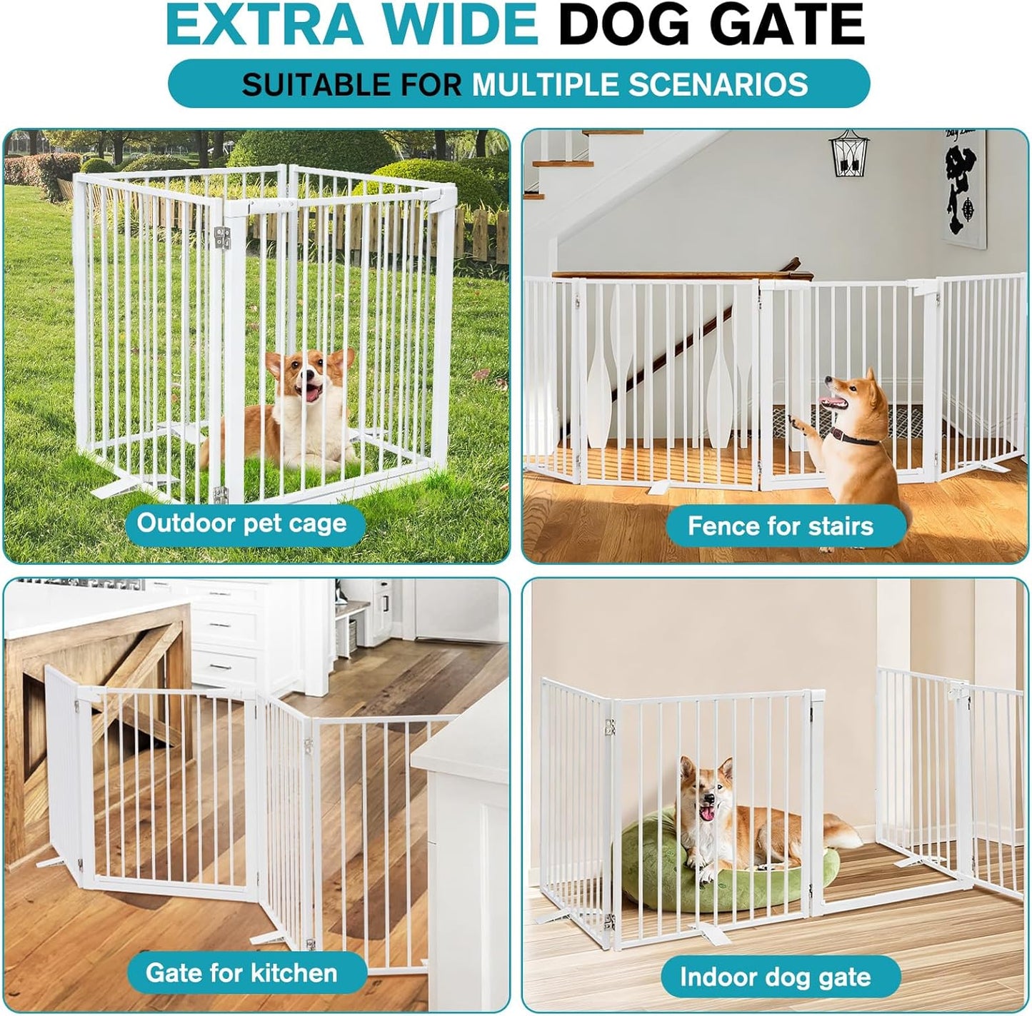 Snagle Paw Extra Wide Dog Gate,Free Standing Dog Fence with Door, Up to 104 Inch Wide Pet Gate with Support Feet for Stairs, Hallways, Doorways, Yard (Black, 4 Panels)