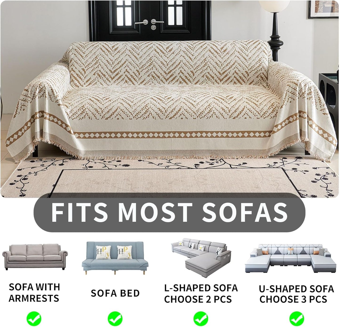 HAOMAIJIA Non Slip Couch Cover Sofa Covers for 3 Cushion Couch Washable sectional Couch Covers for Dogs pet Furniture Protector Couch Cover Blanket for Living Room (Off White, 91"x134")