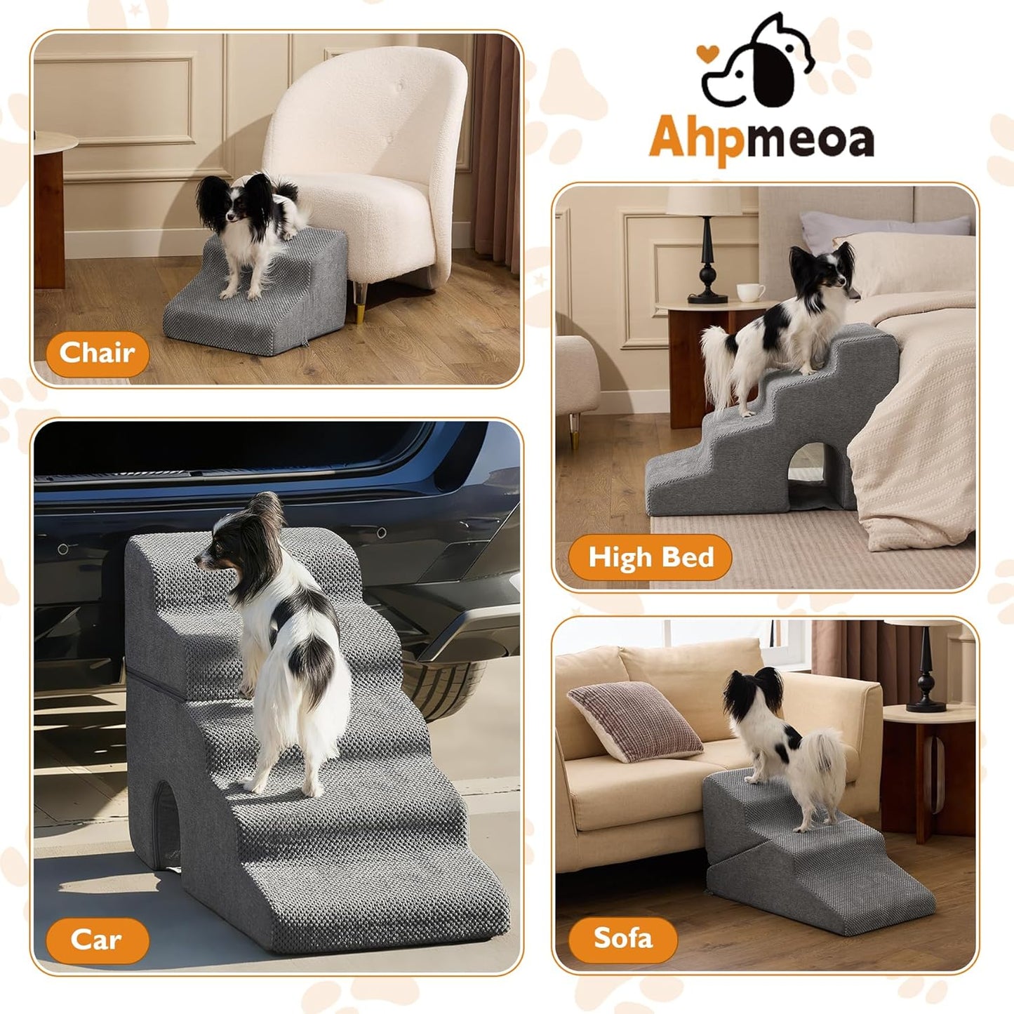 Dog Stairs for Bed 23’’ H, 5-Step Dog Steps for High Bed, Foldable Pet Stairs for Small Dogs and Cats to Get on Beds, Couch, Non-Slip Balanced Pet Steps and Ramp with Waterproof Cover, Grey