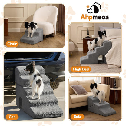 Dog Stairs for Bed 23’’ H, 5-Step Dog Steps for High Bed, Foldable Pet Stairs for Small Dogs and Cats to Get on Beds, Couch, Non-Slip Balanced Pet Steps and Ramp with Waterproof Cover, Grey