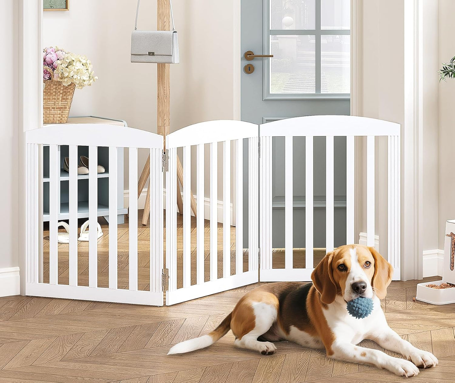 SPIRICH 96" Extra Wide 28" Tall Wooden Freestanding Foldable Dog Gate, Pet Gate Indoor, 4 Panels, White