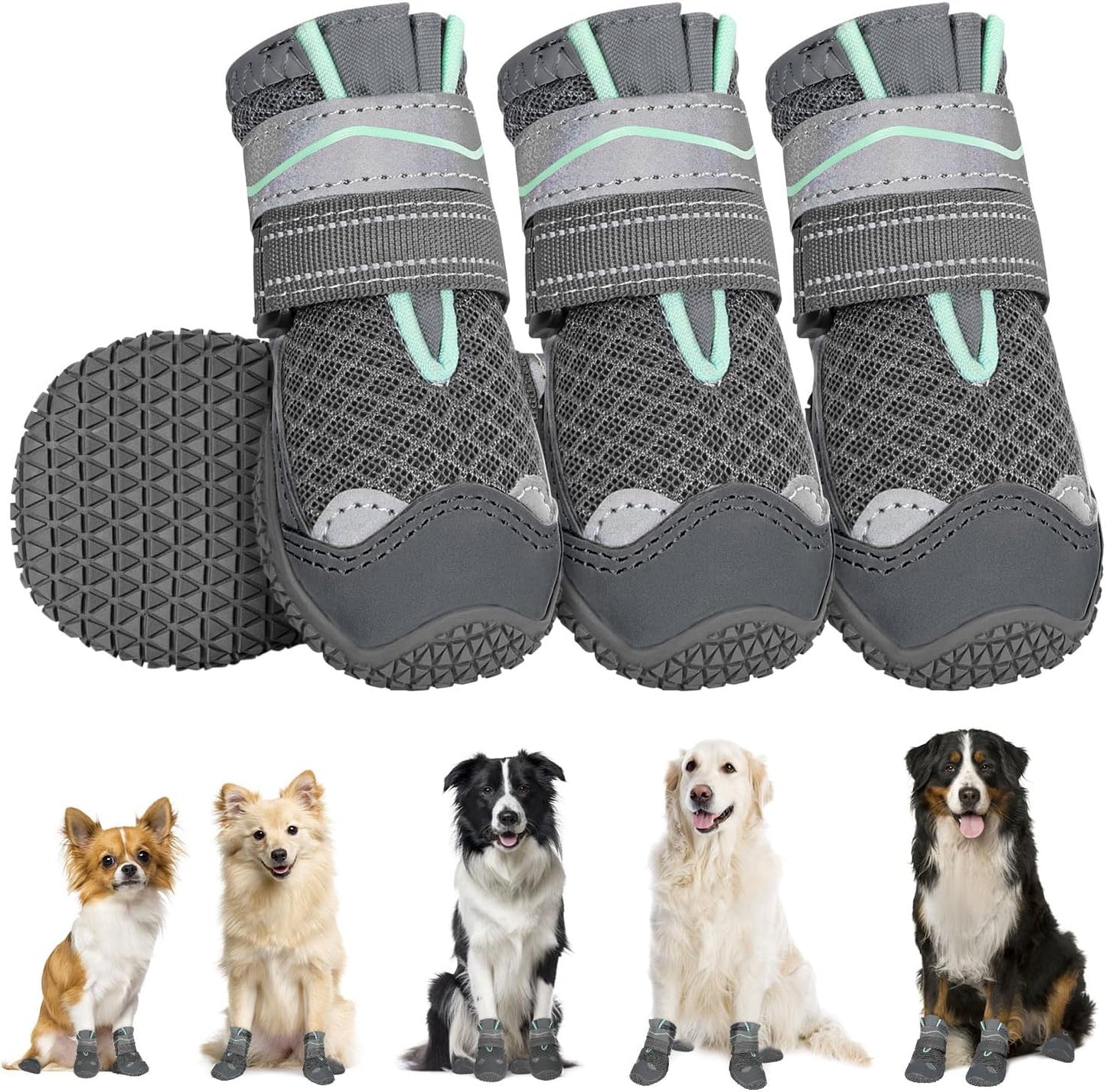 SlowTon Dog Shoes for Large Small Medium Dogs - Breathable Dog Boots for Summer Hot Pavement, Paw Protector for Outdoor Walking Winter Snow, Anti-Slip Rubber Dog Booties for Hardwood Floor (Green, 6)