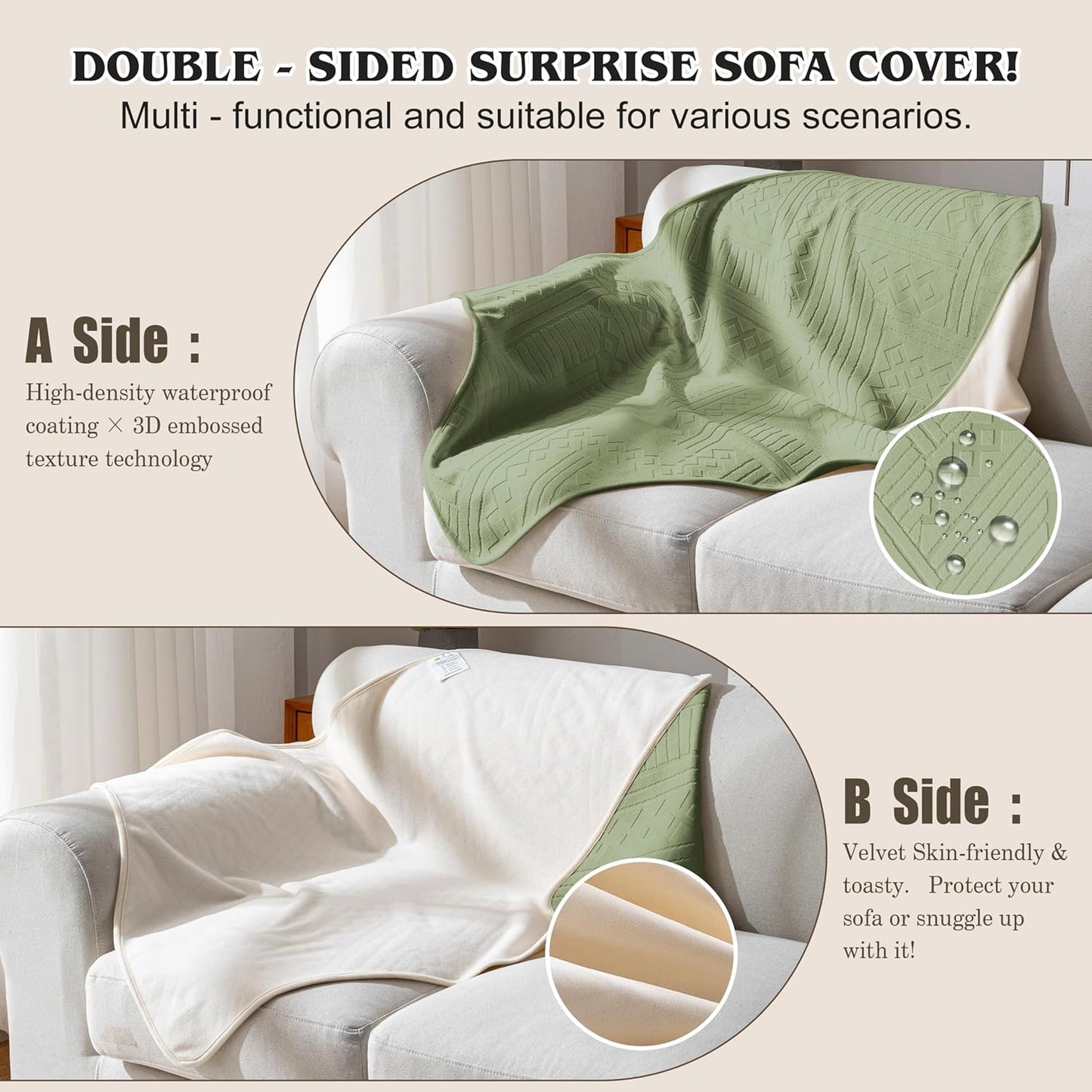 Waterproof Couch Cover, Reversible, Pet-Friendly, Washable and Anti-Slip Couch Covers for Sofa Protection with 3 Cushions, Sofa Slipcovers for Dogs and Cats (71×118in/Brown)