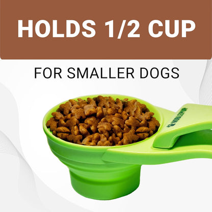 MeasureMate Pet Food Scoops with Bag Clip for Dog and Cat - 3-in-1 Multi-Function Collapsible Food Measuring Cup - 1 Cup Capacity, 8oz, Green - Dishwasher Safe