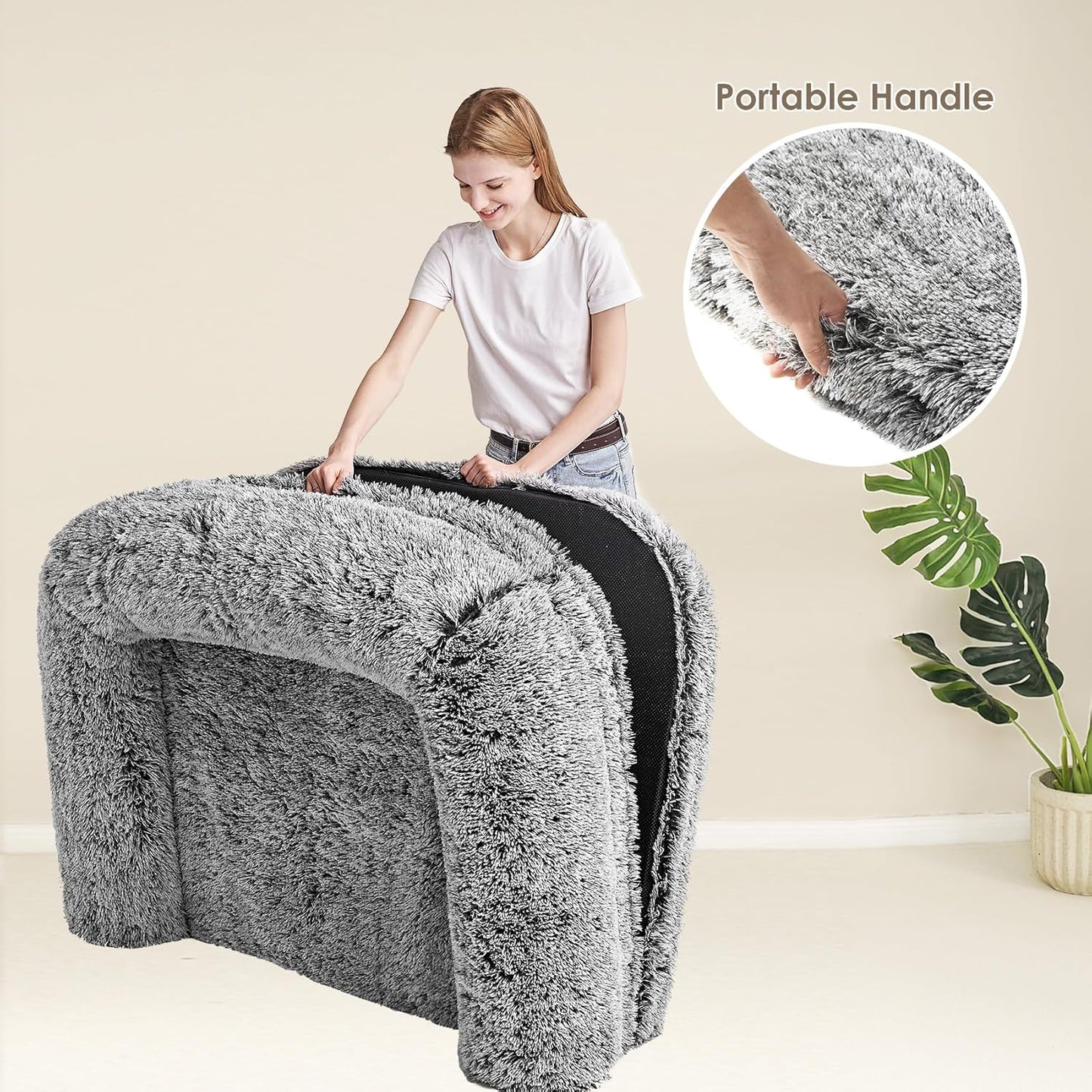 EHEYCIGA Foldable XXL Dog Bed for Large Sized Dog, 54"x38"x7.5" Faux Fur Fluffy Pet Couch Bed, Orthopedic Calming Memory Foam Big Pet Bed, Washable Pet Sofa Bed with Non-Slip Bottom, Dark Grey
