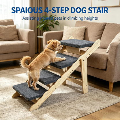 Wooden Dog Stairs, 2-in-1 Floded Flat Design Dog Steps for Beds Cars Couch, Anti-Slip Pet Ramp with 3 Steps, Indoor Pet Stairs for Small Medium Large Pet, up to 150 lbs