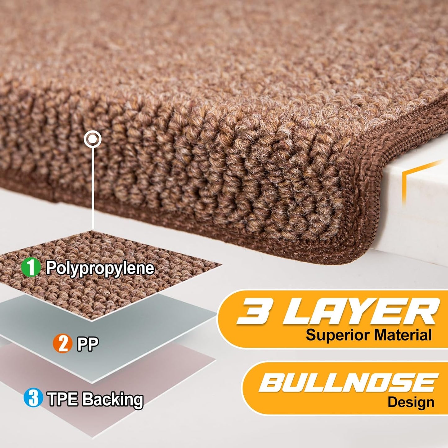 Bullnose Carpet Faux Sisal Stair Treads | Set of 14 | Stair Treads for Wooden Steps Indoor Anti Slip Braided Staircase Protector Pet Friendly Rugs Covers 9.44" X 29.5"x 1.9",Golden