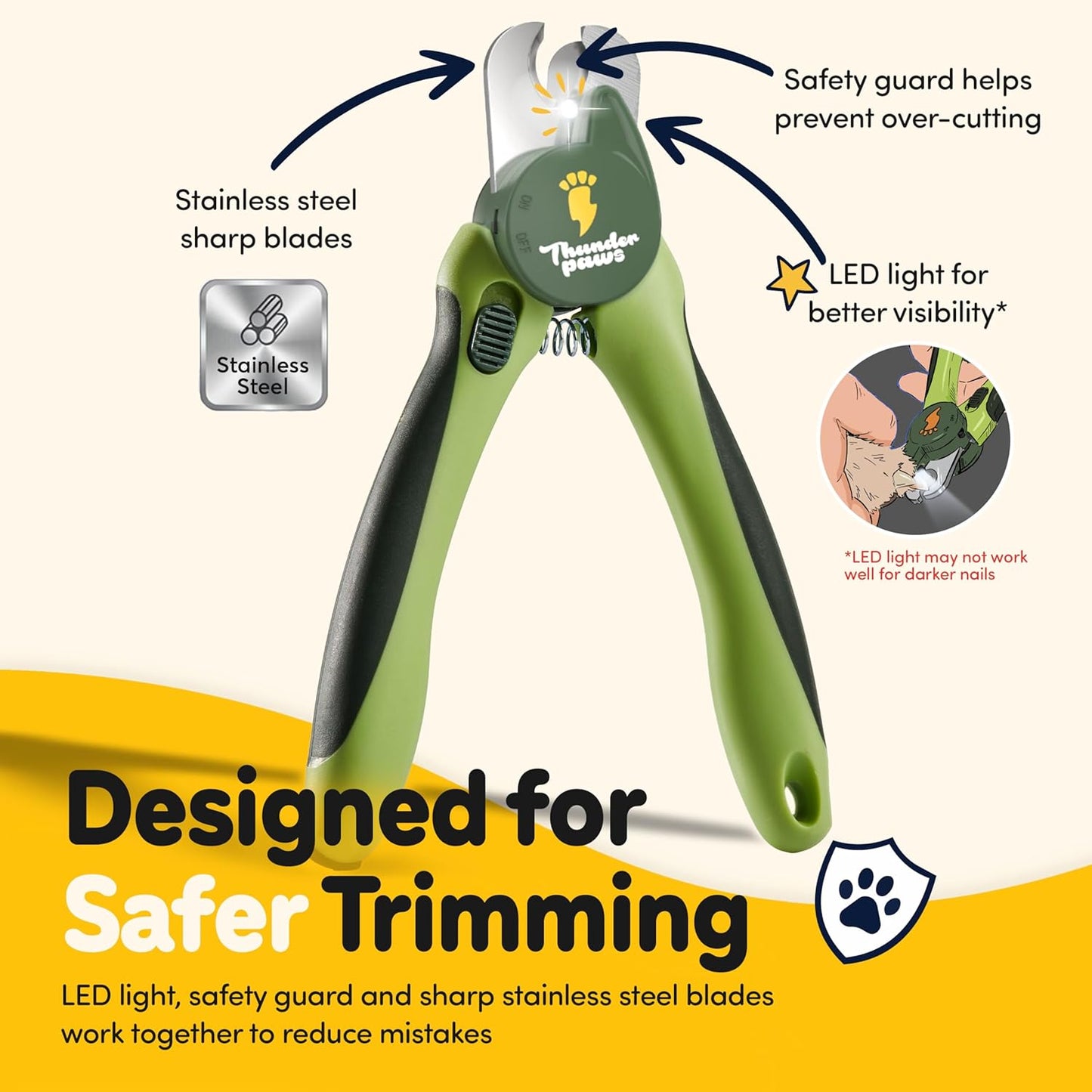 LED Dog Nail Clippers with Light, Trimmers with Protective Guard, Quick Sensor, Safety Lock and Nail File - Suitable for Large and Small Dogs & Cats (Yellow, LED)