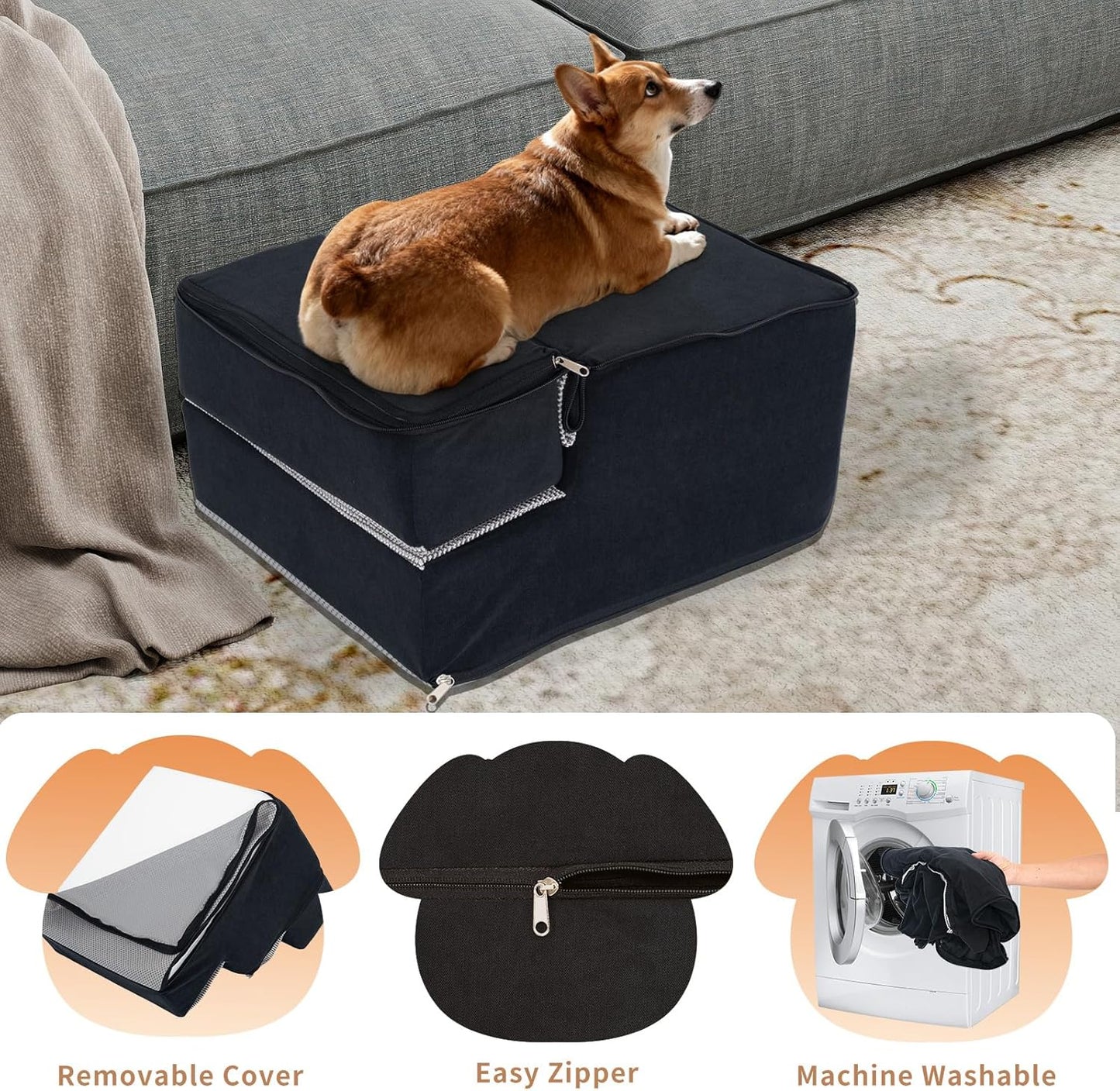 Dog Stairs for Small Dogs, 3 Step Dog Stair for High Bed and Couch, Non-Slip High Density Foam Sturdy Pet Steps with Removable Washable Cover for Older Cat
