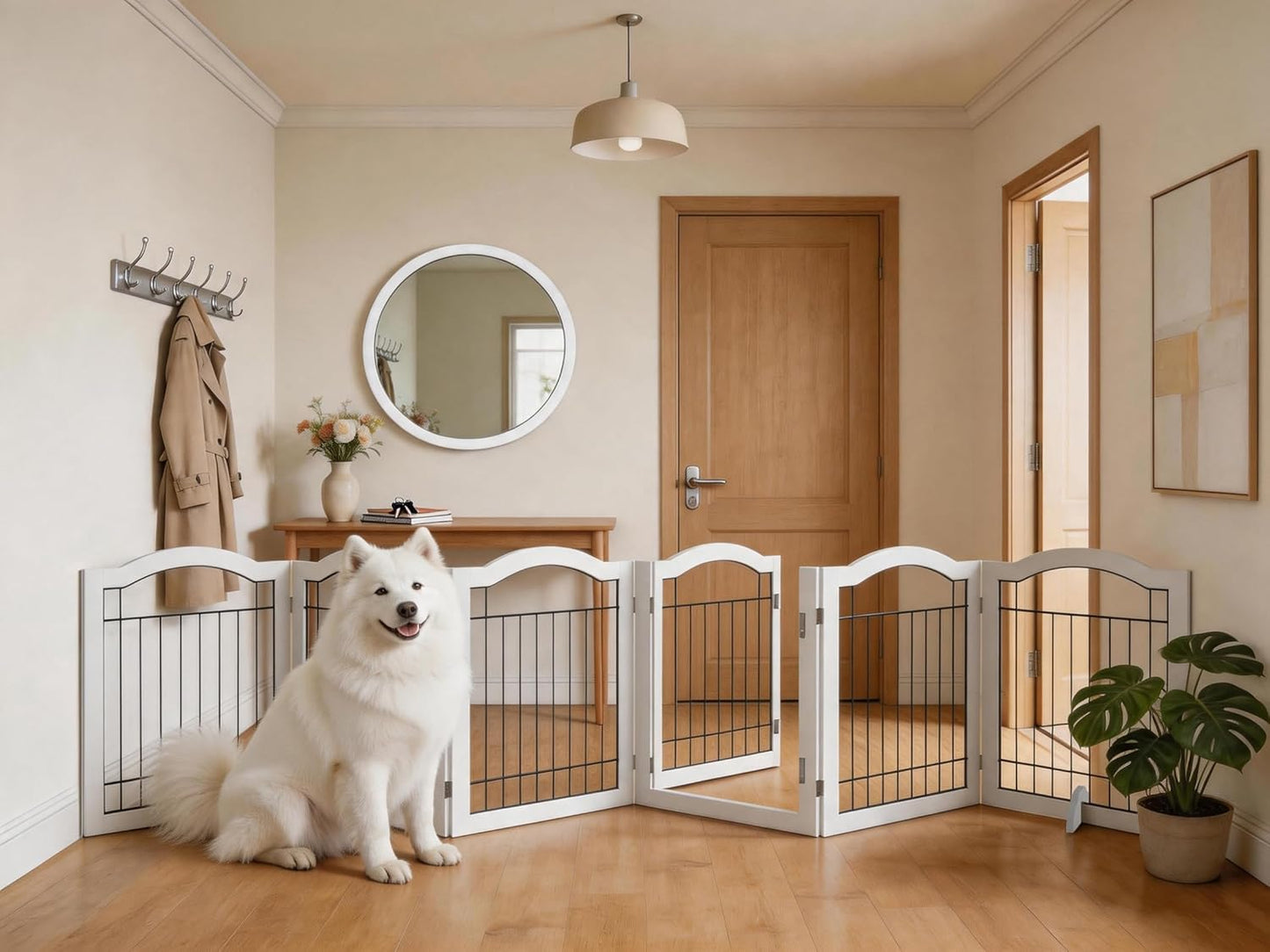 Vantas Espresso Wooden Folding Dog Gate 144" Wide x 30" Tall with Door, Freestanding Pet Gate, Pet Puppy Safety Fence