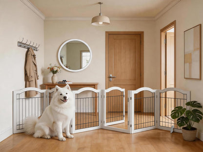 Vantas Espresso Wooden Folding Dog Gate 144" Wide x 30" Tall with Door, Freestanding Pet Gate, Pet Puppy Safety Fence