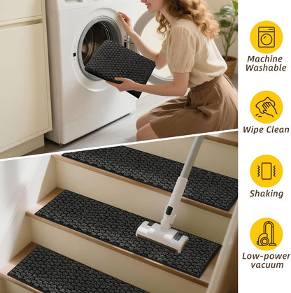 JSEI Stair Treads for Wooden Steps, 14 Pack 9" X 28" Non-Slip Machine Washable Carpet Stair Treads with TPE Backing, Soft Indoor Stair Rug Runner for Kids Elders & Pets, 100% Polyester, Greyish Brown