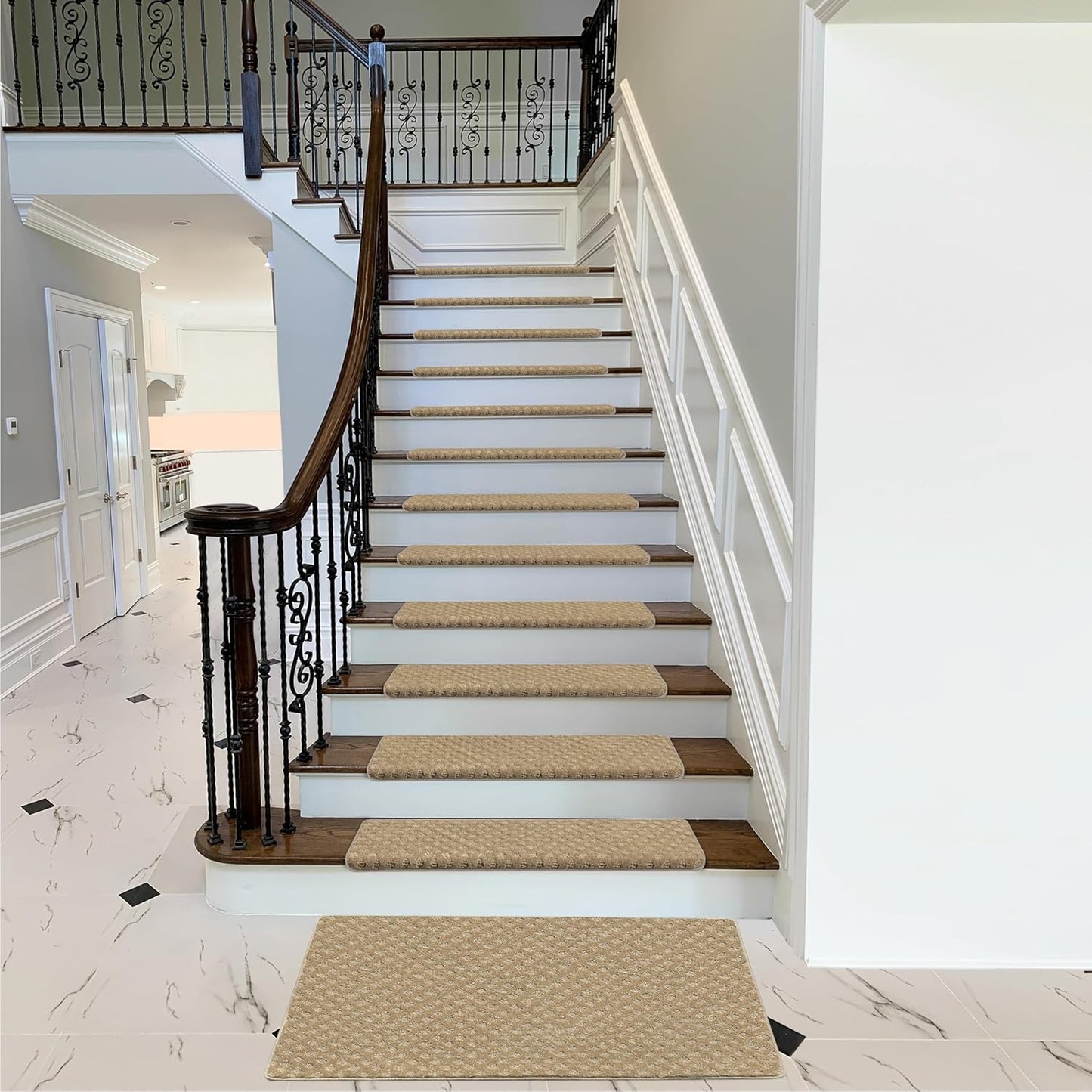PURE ERA Bullnose Carpet Stair Treads Set Tape Free Non-Slip Indoor Stair Protectors Pet Friendly Rugs Covers Soft Skid Resistant Washable Reusable 9.5" x 30"(14 Pieces,Cream Gray)
