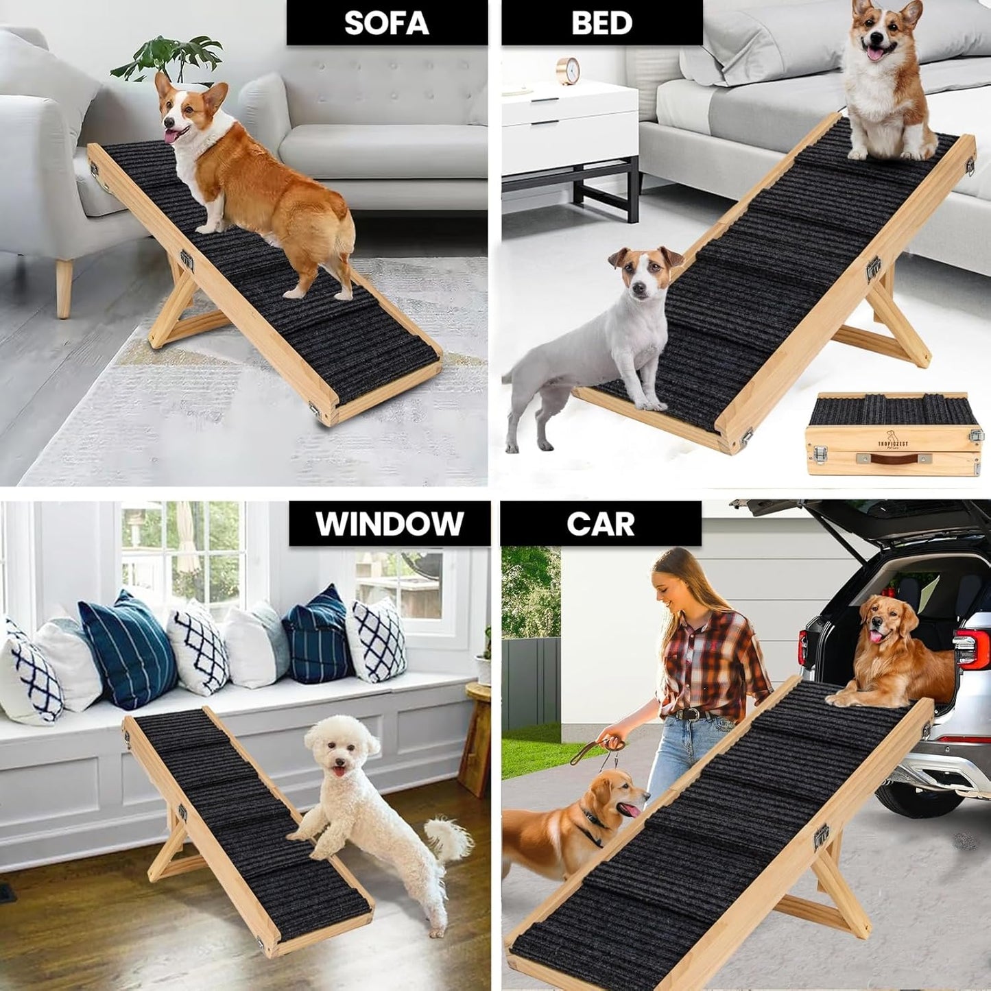 Small Dog Ramp for Bed and Couch Wooden Adjustable Pet Stairs for Dogs and Cats 31.6" Non Slip Foldable Ramp with 4 Height Settings 10"-17" for Puppies,Car, SUV Indoor Outdoor Use