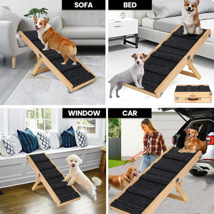 Small Dog Ramp for Bed and Couch Wooden Adjustable Pet Stairs for Dogs and Cats 31.6" Non Slip Foldable Ramp with 4 Height Settings 10"-17" for Puppies,Car, SUV Indoor Outdoor Use