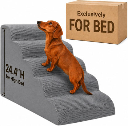 Dog Ramp for Bed,Pet Ramp for High Bed,Dog Stairs for Small & Medium Dogs,Curved Non-Slip Ladder for Older Dogs & Cats,24.4" H,5-Step (Gray)