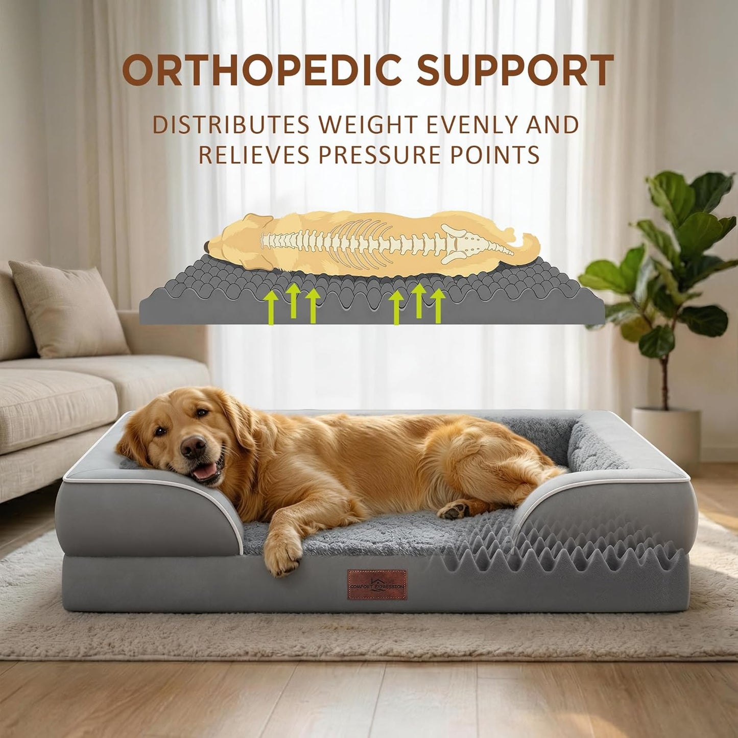 Comfort Expression Orthopedic Dog Bed for Extra Large Dogs 42x30 Inch, Waterproof Egg Crate Foam XL Pet Bed with Removable Bolsters, Dog Couch with Washable Cover & Non-Slip Bottom, Grey - Colors A