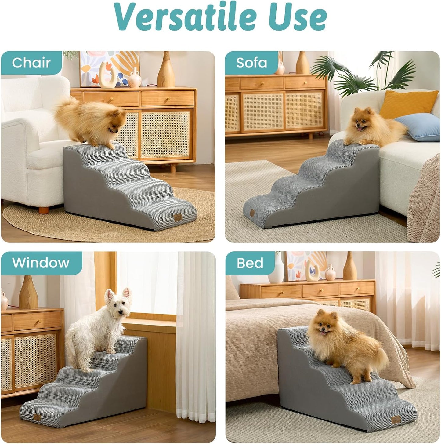 COZY KISS Dog Stairs for Small Dogs 15.7" H, 4-Step Sturdy Foam Dog Steps for Couch and Bed, Curved Pet Stairs for Puppy and Older Cat, Doggie Ladder with Washable Cover, 15.7x28.3x15.7 inch, Beige