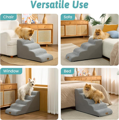 COZY KISS Dog Stairs for Small Dogs 15.7" H, 4-Step Sturdy Foam Dog Steps for Couch and Bed, Curved Pet Stairs for Puppy and Older Cat, Doggie Ladder with Washable Cover, 15.7x28.3x15.7 inch, Beige