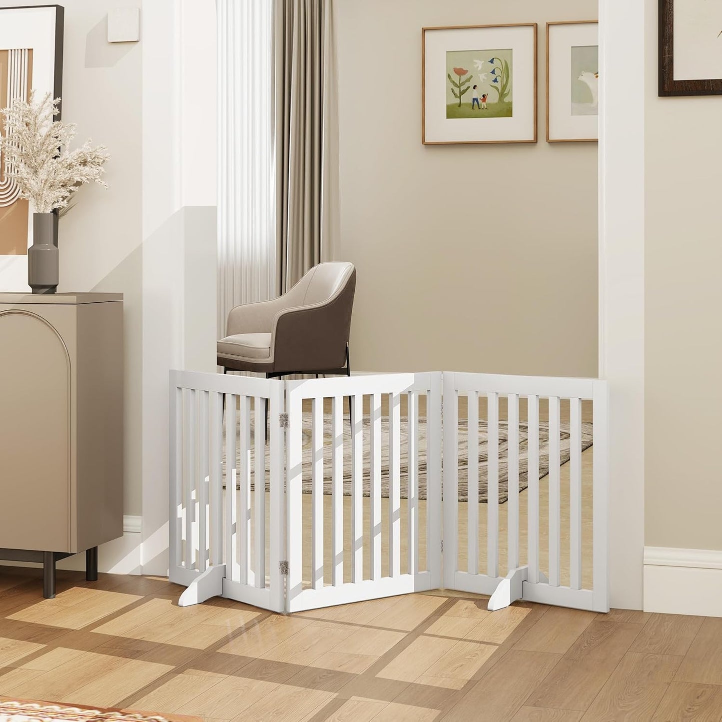 PUPETPO 24”H Freestanding Wooden Pet Gate, Dog Gate for Stairs, Doorways, and Hallways, Step Over Foldable Pet Fence for Indoor Use, Support Feet Included, 60 inch Wide 3 Panels, Grey