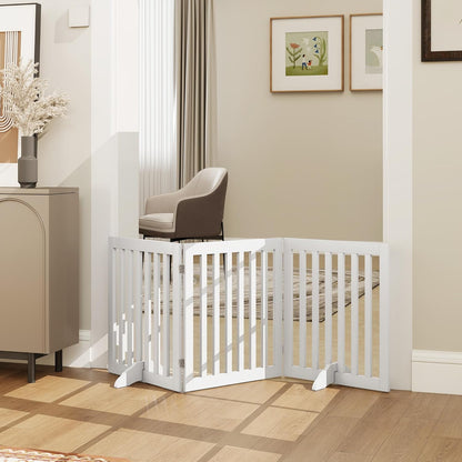 PUPETPO 24”H Freestanding Wooden Pet Gate, Dog Gate for Stairs, Doorways, and Hallways, Step Over Foldable Pet Fence for Indoor Use, Support Feet Included, 60 inch Wide 3 Panels, Grey