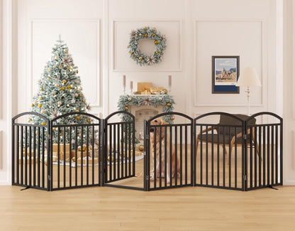Folding No-Assembly Freestanding Dog Gate with Door,32" Heights Foldable Pet Fence,144" Extra Wide Accordion Puppy Folding Playpen for Doorways,House,Stairs (6 Panels,White)