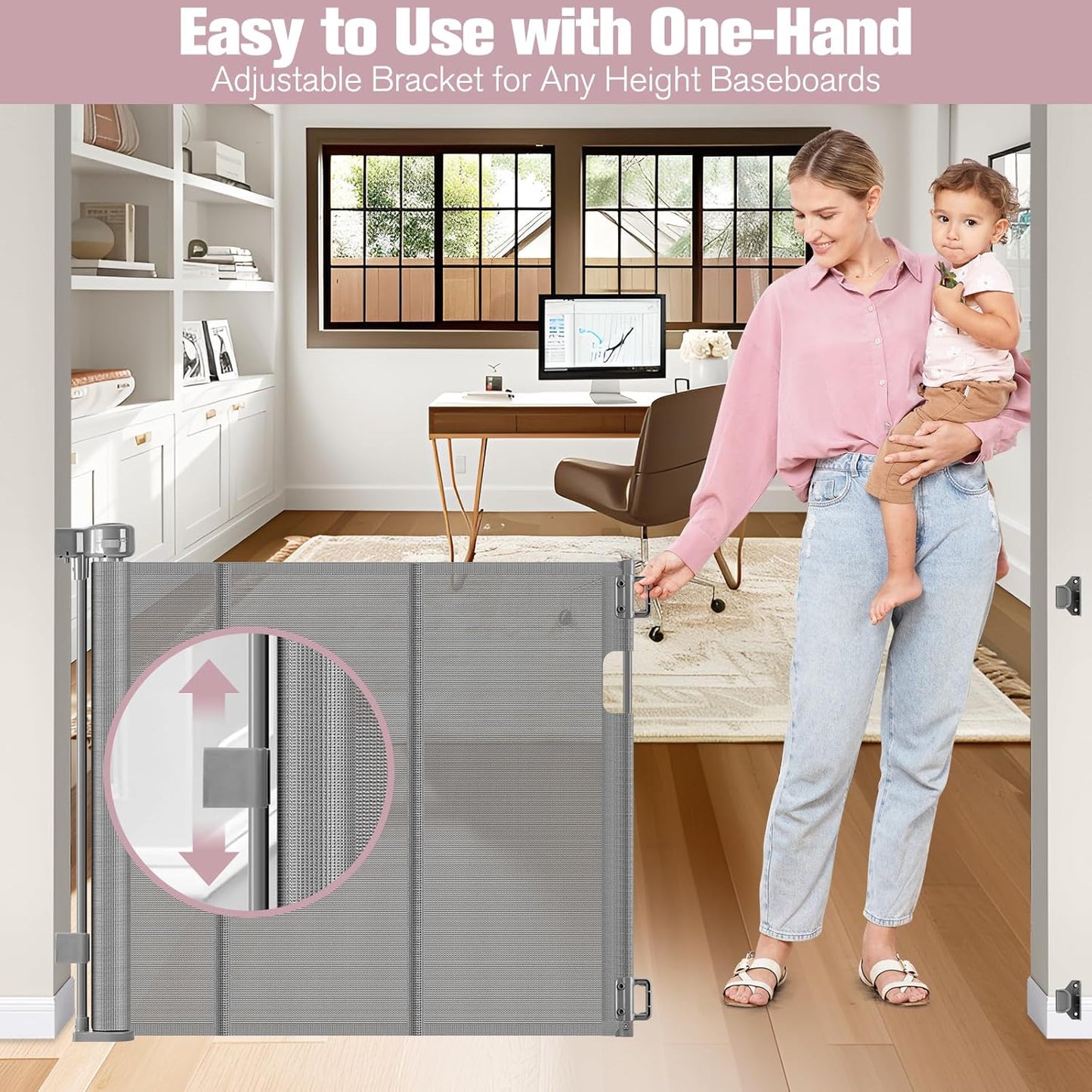 Reinforced 56" Wide Retractable Baby Gates for Doorways with Support Rods - Prevent Crawling Under Retractable Gate, Mesh Pet Gate for Stairs Retractable Dog Gates for The House Indoor/Outdoor, Black