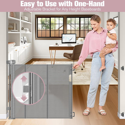 Reinforced 56" Wide Retractable Baby Gates for Doorways with Support Rods - Prevent Crawling Under Retractable Gate, Mesh Pet Gate for Stairs Retractable Dog Gates for The House Indoor/Outdoor, Black