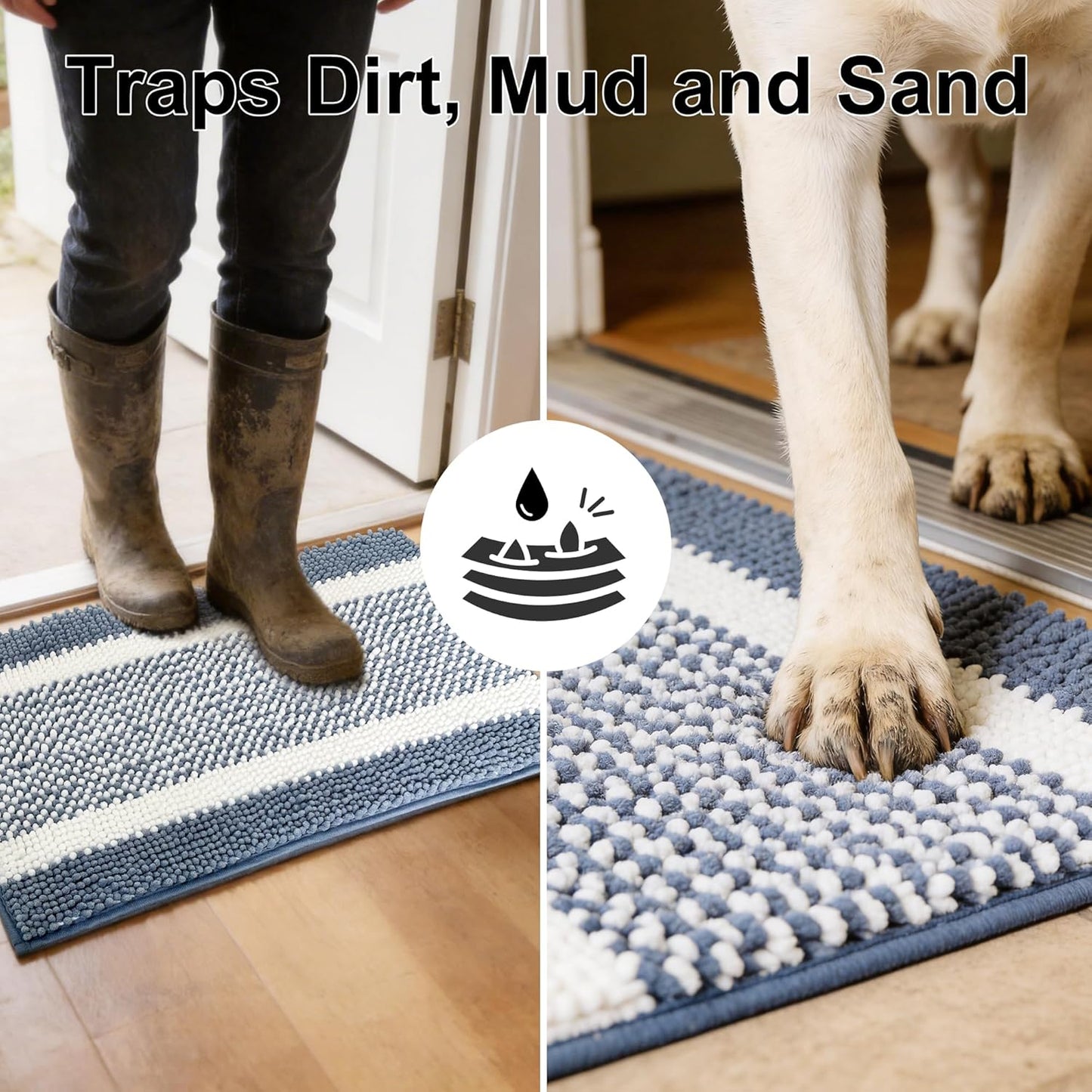 pobopobo Dog Door Mat for Muddy Paws - Absorbent & Washable Chenille Rug, Non-Slip Dirt Trapper for Indoor Outdoor Entryway, Quick Dry Pet Mat for Muddy Dogs (Striped Gray-Blue&White, 24" x 16")