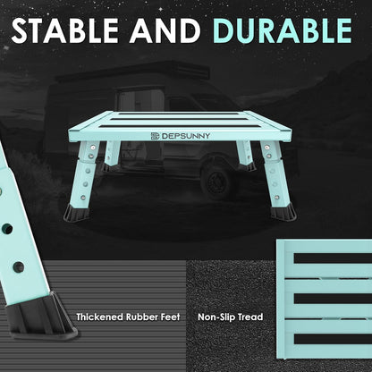 Adjustable Height Aluminum RV Step, Stable Foldable Platform Step Stool, Supports Up to 1,000 lb, Non-Slip Rubber Feet and Platform Mat, Easy to Carry (Black)