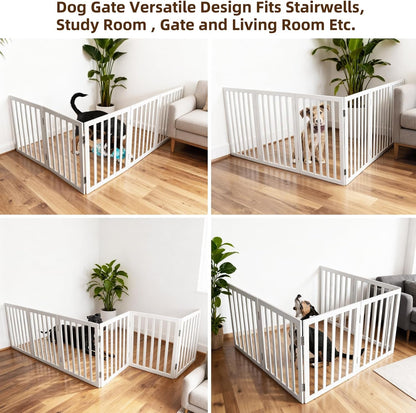 ZJSF Freestanding Indoor Dog Gate for House Foldable Wood Brown Puppy Gate for Doorways Pet Gate for Stairs Extra Wide Pet Fence 24" Height 2 Panels