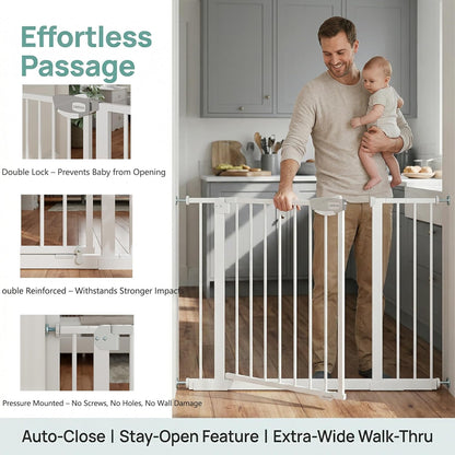 Safety Gate for Stairs & Doorways, Auto-Close Baby Gate or Dog Gate – Pressure Mount No Drilling, 30" Tall All Metal Frame with Dual Locking System (White, 30" Tall 29"-33" Wide)