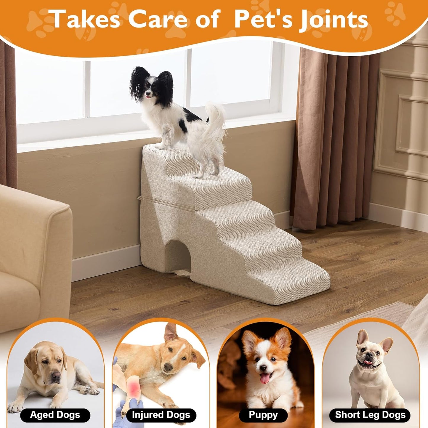 Dog Stairs for Bed 23’’ H, 5-Step Dog Steps for High Bed, Foldable Pet Stairs for Small Dogs and Cats to Get on Beds, Couch, Non-Slip Balanced Pet Steps and Ramp with Waterproof Cover, Grey