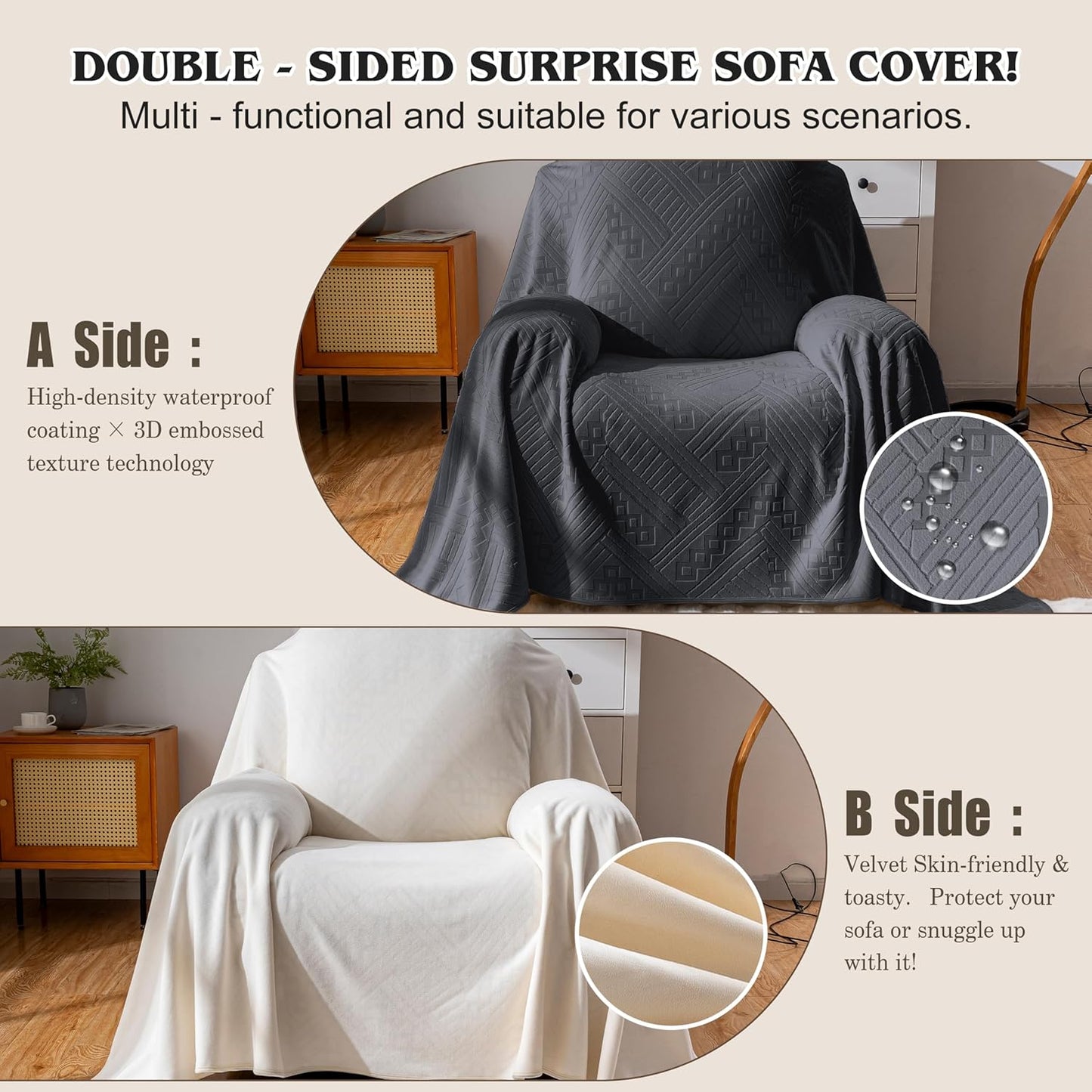 Waterproof Couch Cover, Reversible, Pet-Friendly, Washable and Anti-Slip Couch Covers for Sofa Protection with 3 Cushions, Sofa Slipcovers for Dogs and Cats (71×118in/Brown)