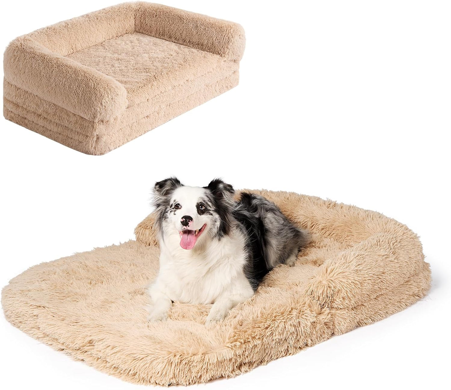 EHEYCIGA Foldable XXL Dog Bed for Large Sized Dog, 54"x38"x7.5" Faux Fur Fluffy Pet Couch Bed, Orthopedic Calming Memory Foam Big Pet Bed, Washable Pet Sofa Bed with Non-Slip Bottom, Dark Grey