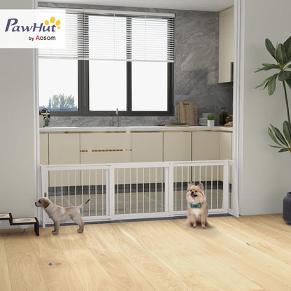 PawHut Freestanding Pet Gate, Wooden Dog Gate with 28"-75" Retractable Length, Support Feet, Non-Slip Mats, 3 Panel Pet Gate for Indoor, Stairway, Doorway, White