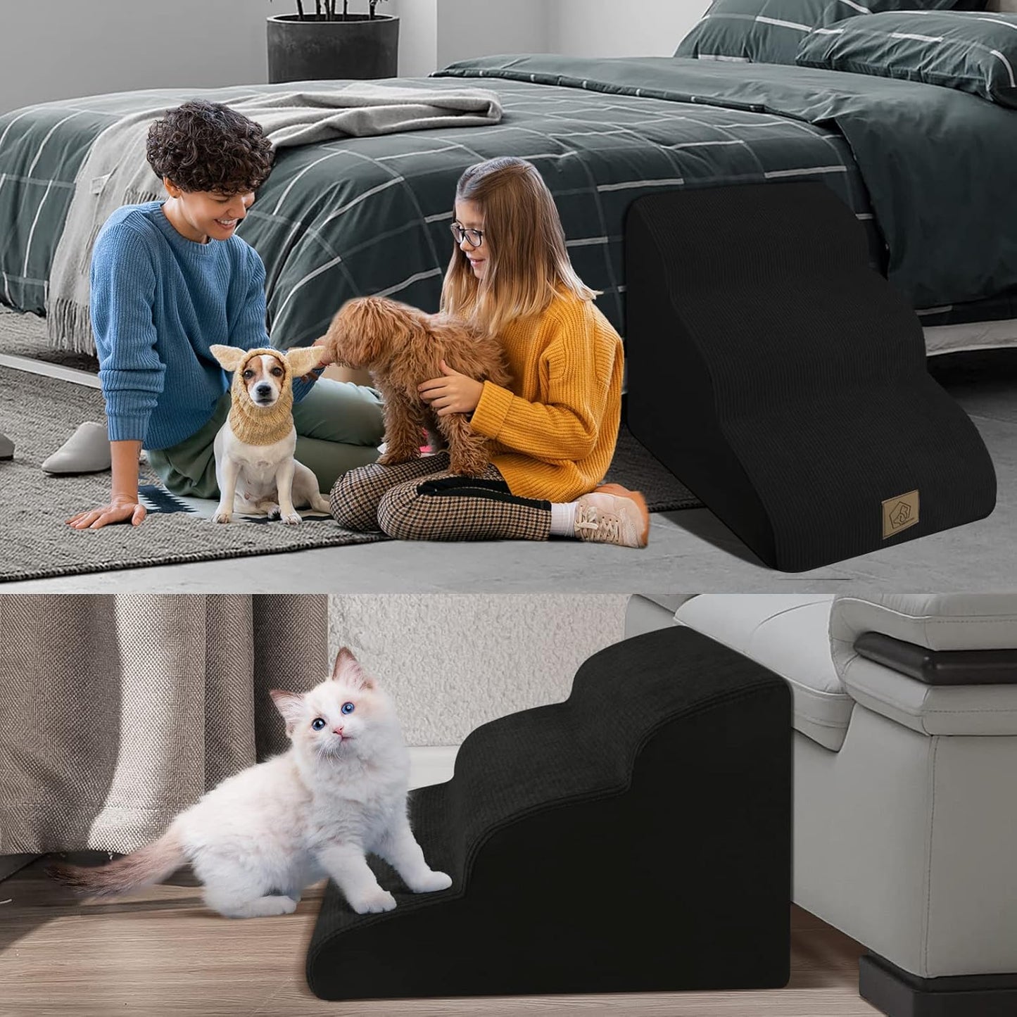 Mestuel 2-Tiers Extended Dog Stairs Steps for Couch Sofa, Dog Stairs for Small Dogs, Pet Stairs Ramp Ladder Friendly to Small Old Joint Injury Dogs Cats,Non-Slip & Washable,Blue