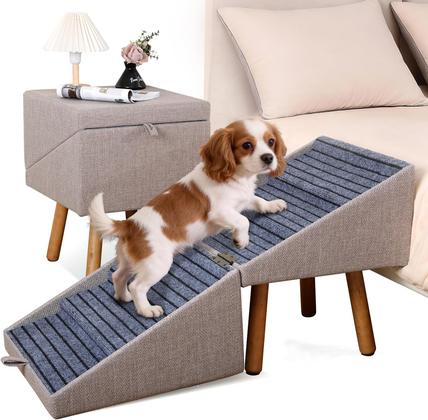 17.13" H Dog Stairs for Small Dogs, 2-in-1 Pet Steps & Ottoman - Foldable Dog Stairs for Couch, Non-Slip Wooden Pet Stairs for Puppy Senior Injured Dogs