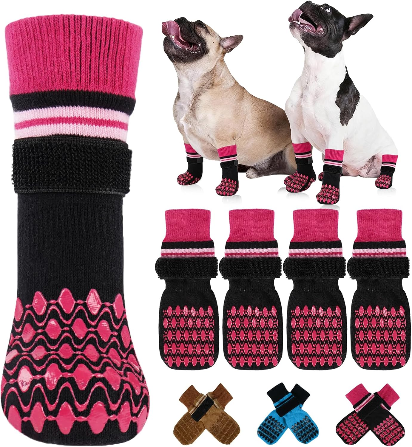 Kuoser Non Slip Dog Socks for Hardwood Floors, 4Pack Anti-Slip Dog Grippy Socks to Prevent Licking Paws, Dogs Booties Paw Protectors with Double-Sided Traction for Small Medium Large Senior Dogs, XS