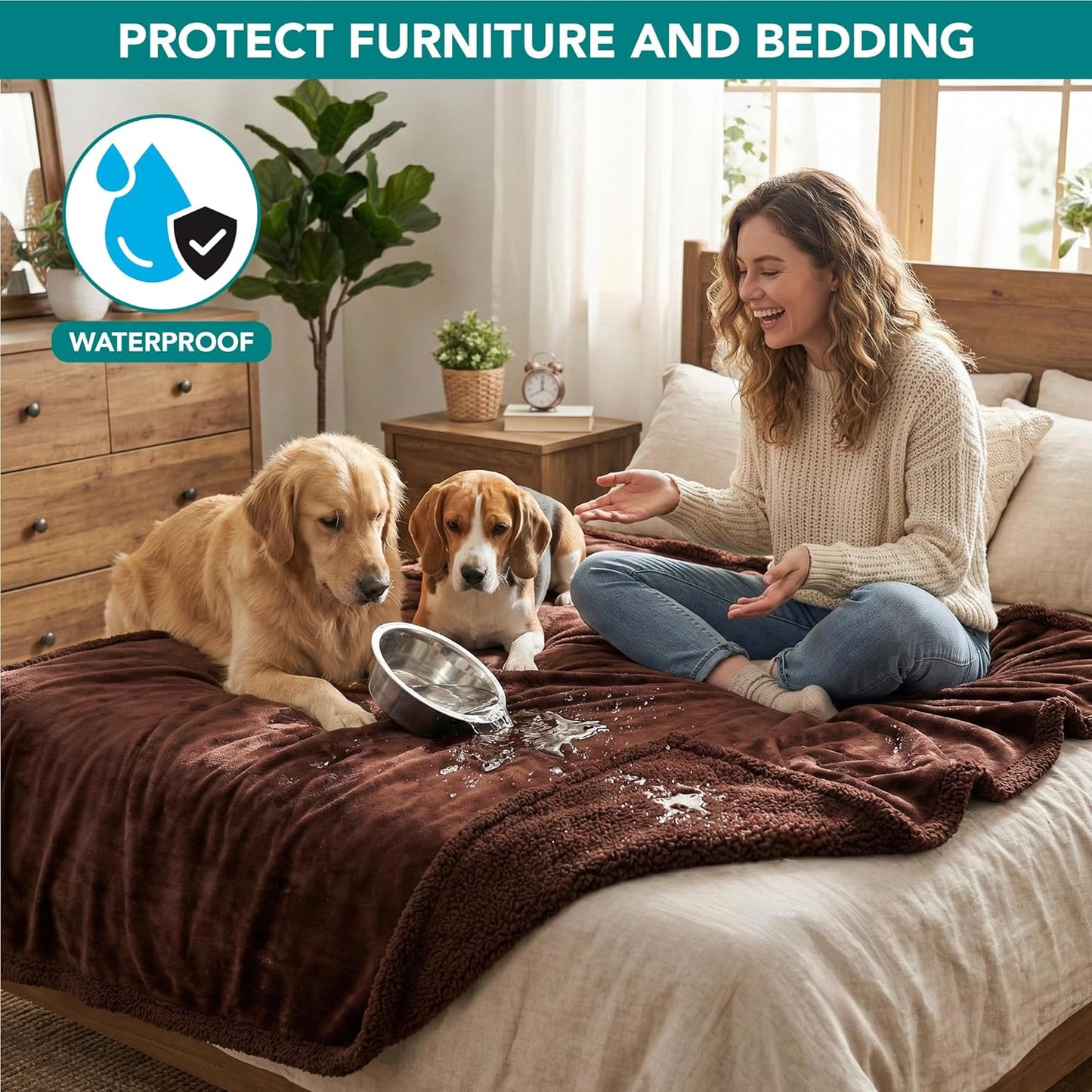 PetAmi Waterproof Dog Blanket for Couch, Large 60x40, Pee Proof Sherpa Fleece Reversible Pet Throw, Furniture Protector for Bed Sofa Kennel, Soft Washable Cover for Medium Dogs Cats, Grey Sherpa