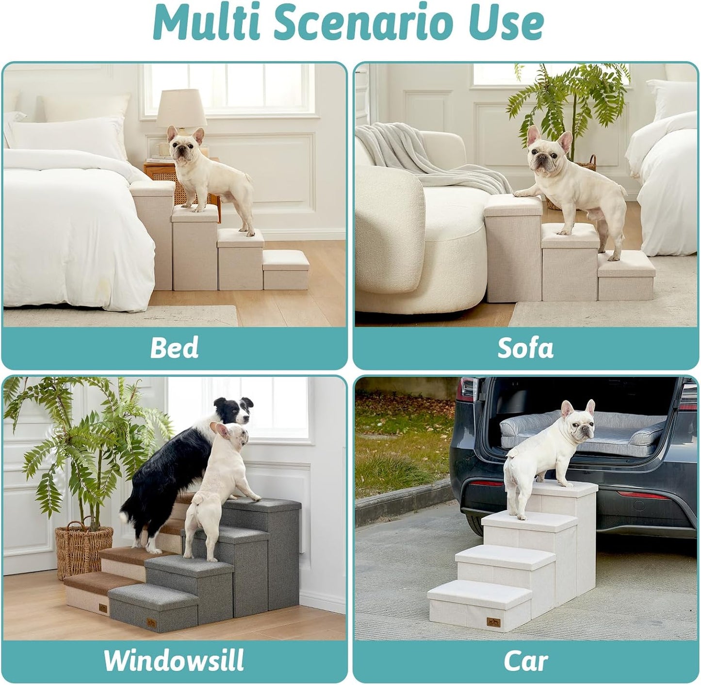 Dog Stairs with Storage, 4-Step Wider Sturdy Dog Steps for Small/Medium/Large Dogs and Older Cats, Folding Doggie Ramp for Bed/Couch/Car Hold Up to 180 lbs (22" H, Brown)