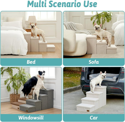 Dog Stairs with Storage, 4-Step Wider Sturdy Dog Steps for Small/Medium/Large Dogs and Older Cats, Folding Doggie Ramp for Bed/Couch/Car Hold Up to 180 lbs (22" H, Brown)