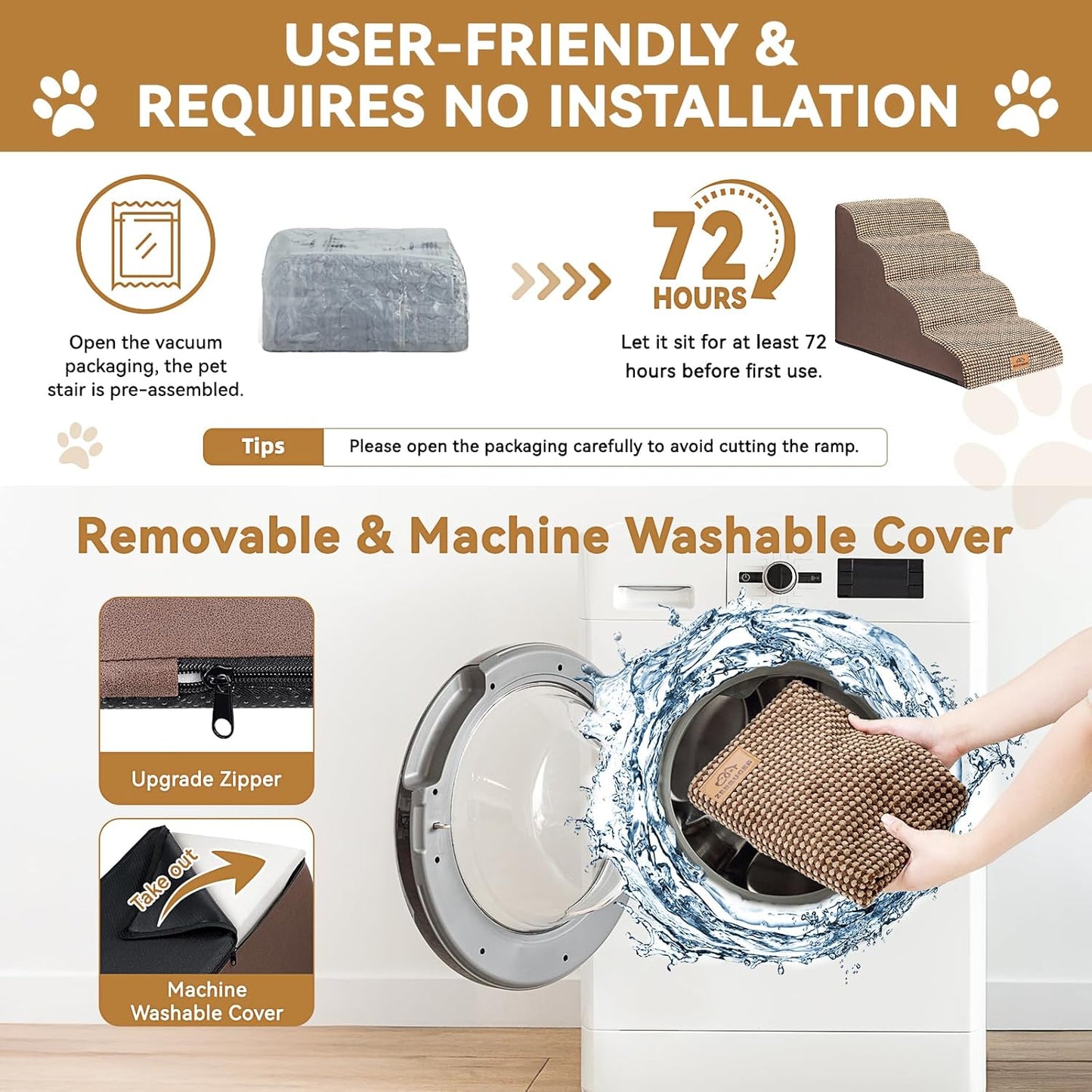 Zerbuger Dog Ramp and Stair for Bed 16" H-20 H,3-Step Cat Stair for Sofa and Chair,4-Step Dog Ramp for High Bed and Window,Durable Nonslip Fabric Cover for Indoor (Coffee-16 H, Pet Friendly, 3)