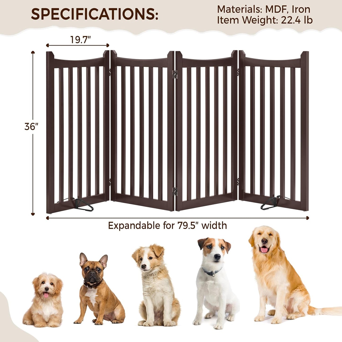 Yaheetech 36" H Extra Tall Freestanding Pet Gate 4-Panel Wooden Dog Fence with 2 Support Feet Folding Dog Gate for Indoor, Stairs, Doorways, Halls, Kitchen Wooden Pet Barrier White, 79.5" L x 36" H