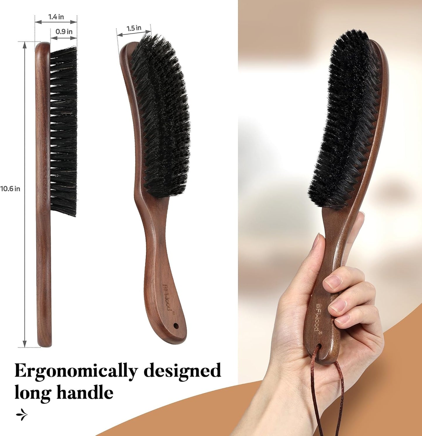 BFWood Clothes Brush, Boar Bristle Lint Brush for Suits, Cashmere, Wool, Velvet, Suede and Pet Hair, Large Black Walnut Wood Handle